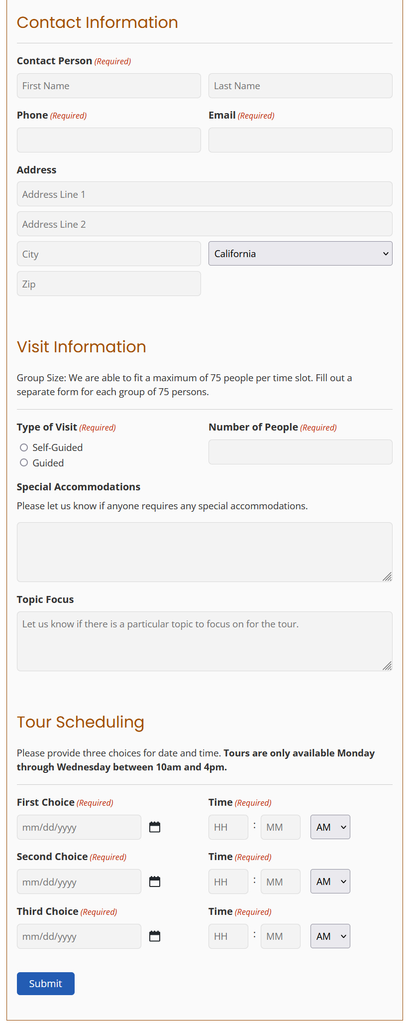 screenshot of group tour reservation form